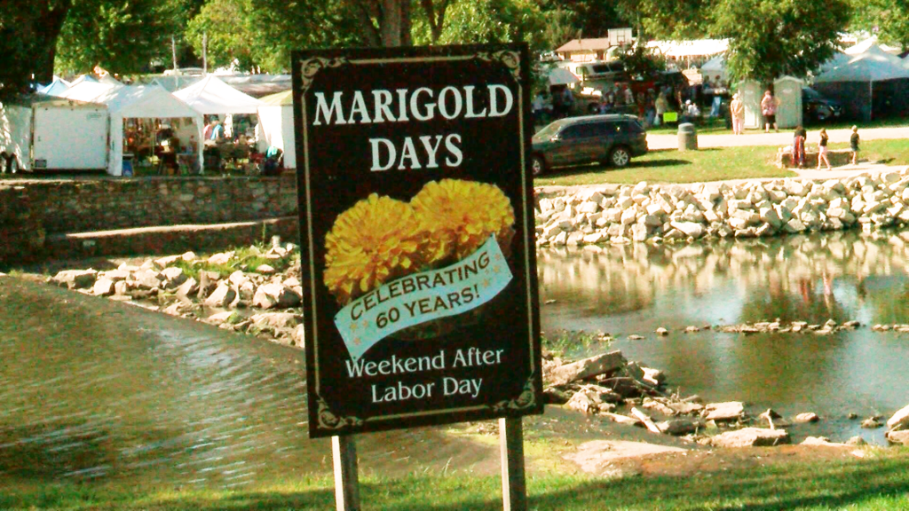 A Marigold Days sign beside the river, with festival tents in the background.